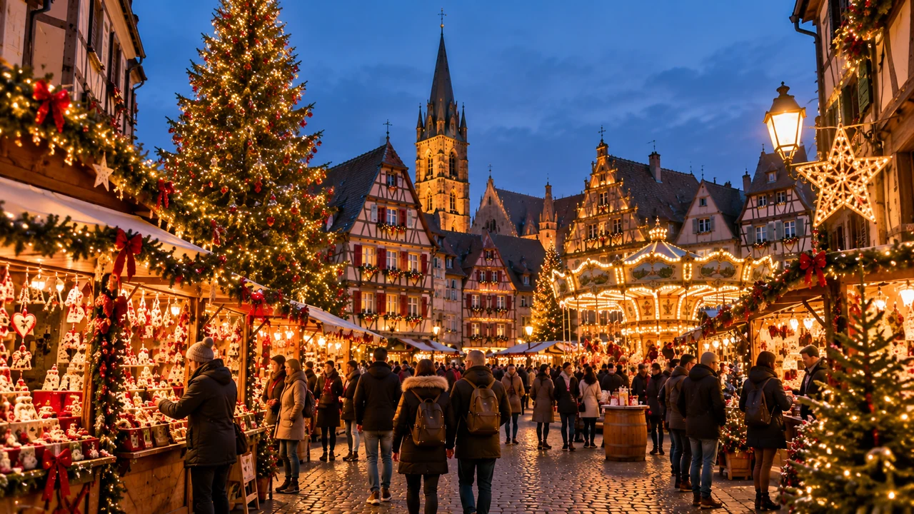 Mercados de Navidad Alsacia con puestos iluminados