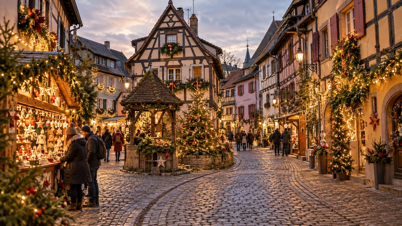 Eguisheim en Navidad con casas tradicionales de Alsacia
