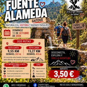 Ruta de senderismo Fuente Alameda de Gátova, 11 de octubre de 2026. Ruta corta de 9,55 km y 237 m de desnivel; ruta larga de 15,27 km y 415 m de desnivel.