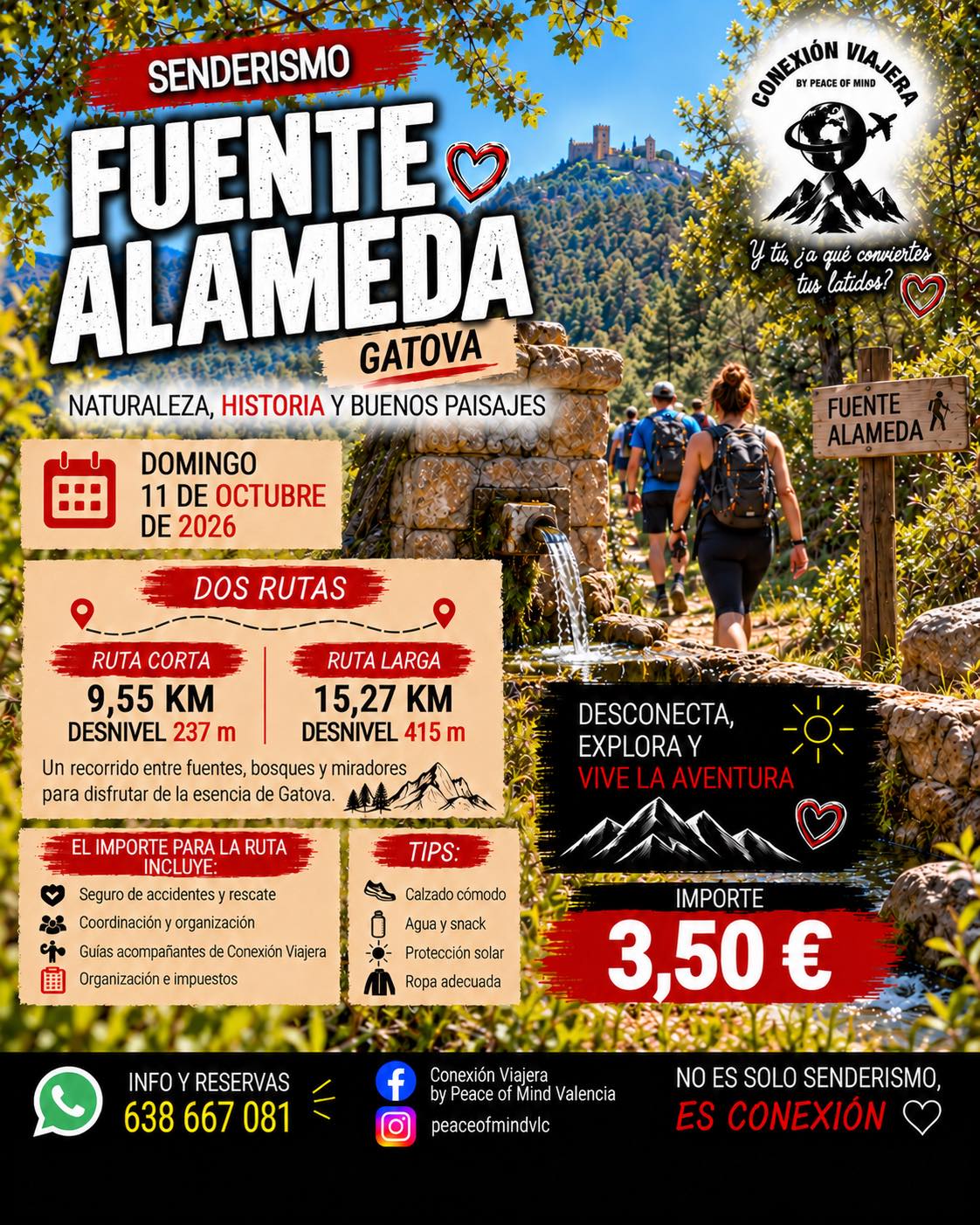 Ruta de senderismo Fuente Alameda de Gátova, 11 de octubre de 2026. Ruta corta de 9,55 km y 237 m de desnivel; ruta larga de 15,27 km y 415 m de desnivel.